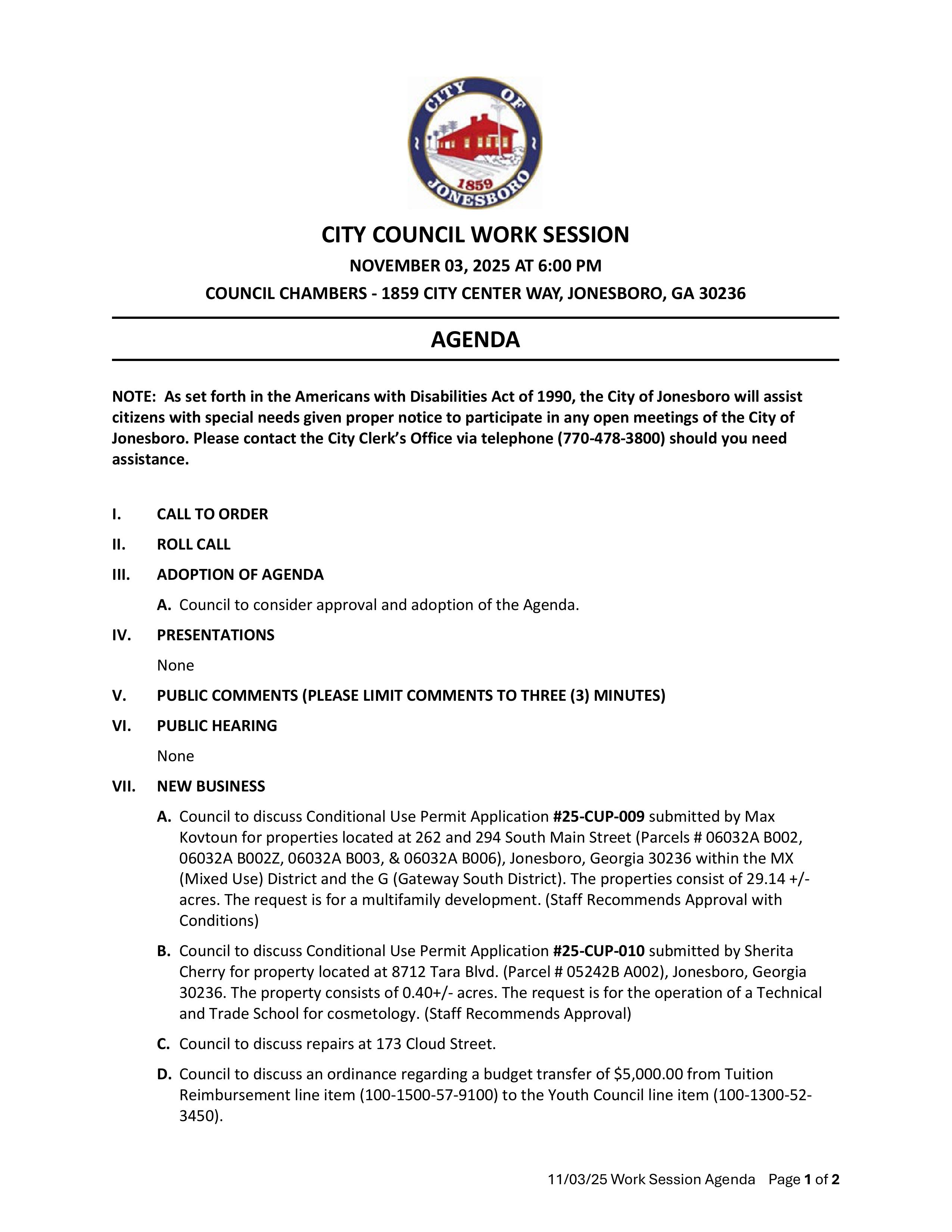 CITY COUNCIL WORK SESSION AGENDA NOVEMBER 03, 2025